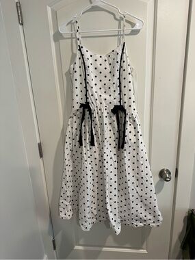 bohme White Polka Dot Midi Dress with Black Ties